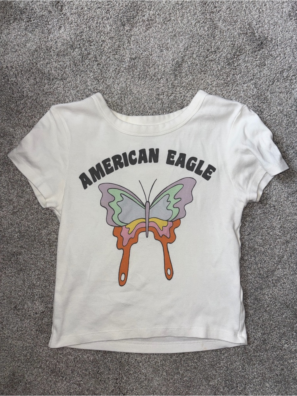 American Eagle Outfitters White Baby Tee with Pastel Butterfly Graphic